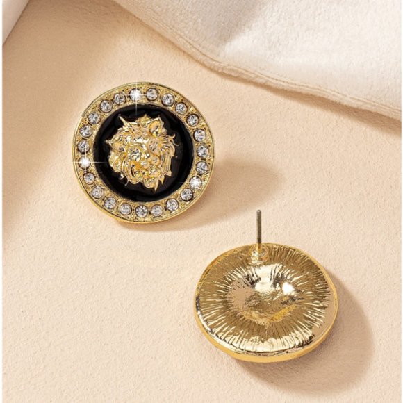 NWT Gold & Black Lion Head Rhinestone Chain Link Choker Necklace & Earrings Set - Picture 4 of 6